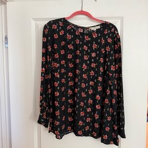 LOFT Black Blouse with Red Floral Design